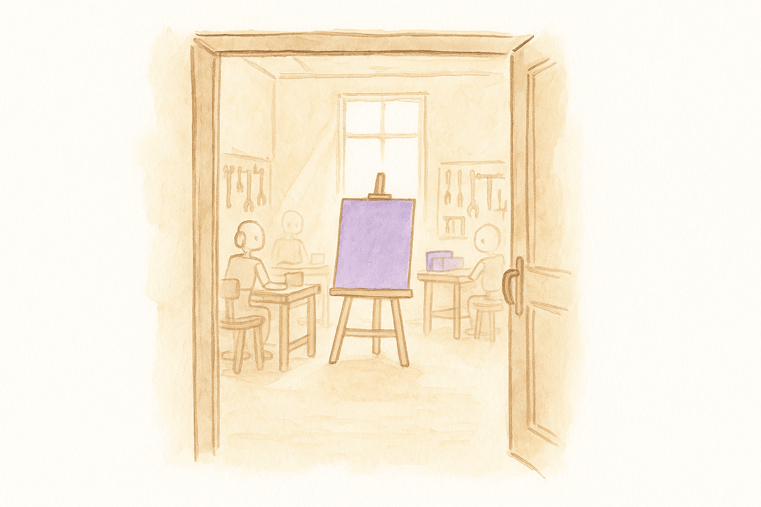 A watercolour of a bright workshop with a blank canvas on an easel.