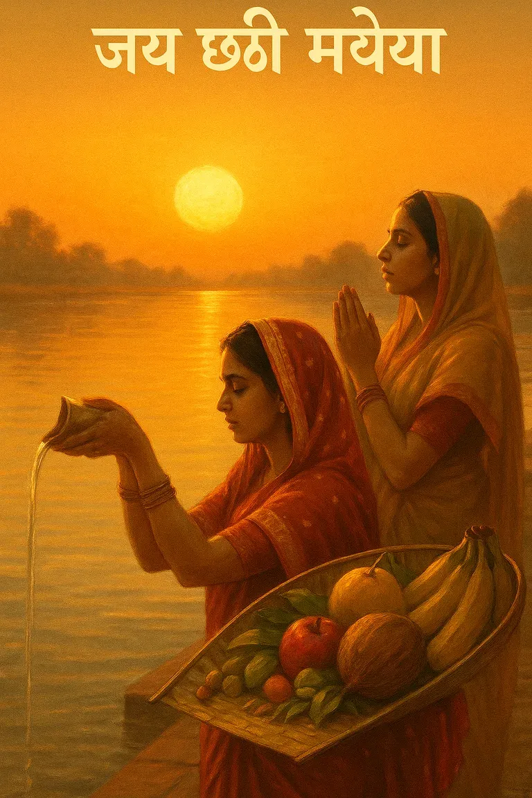 A Chhath Puja sunrise card whose overlay text carries a typo