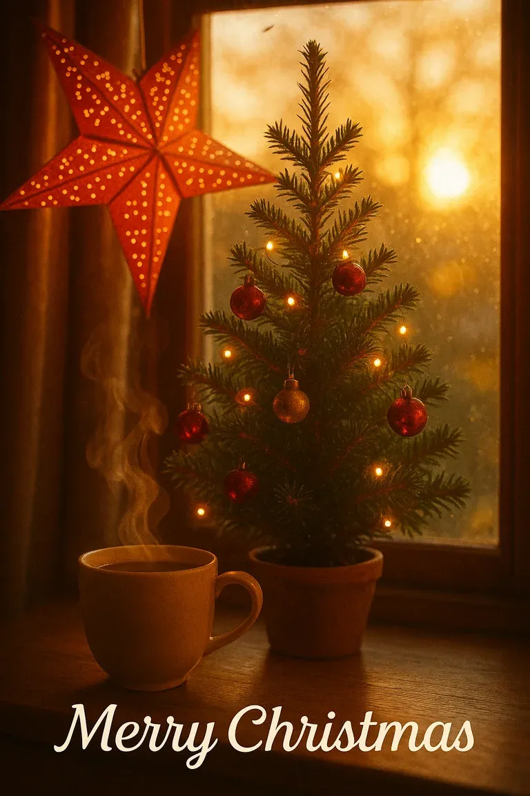 A small decorated tree by a sunlit window — Merry Christmas