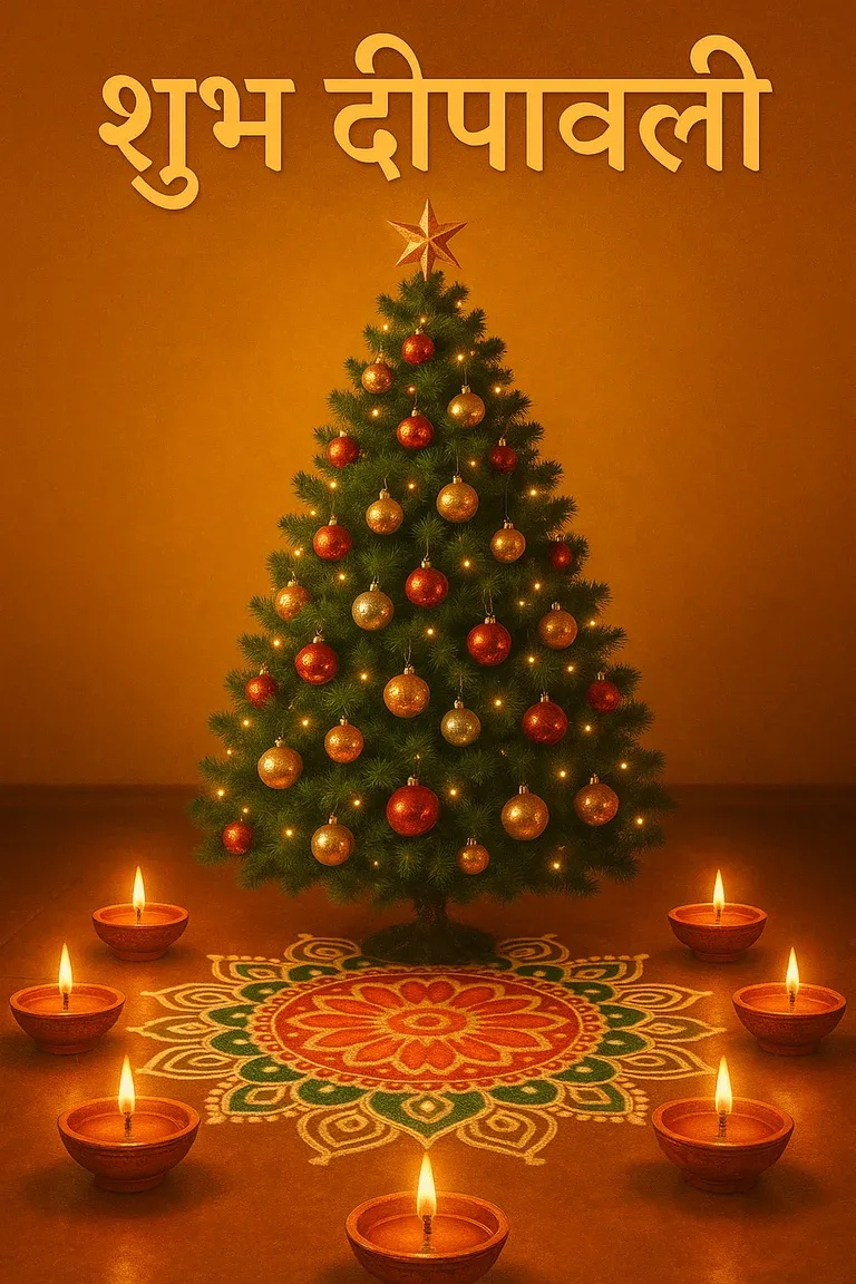 A Diwali card mistakenly centred on a Christmas tree