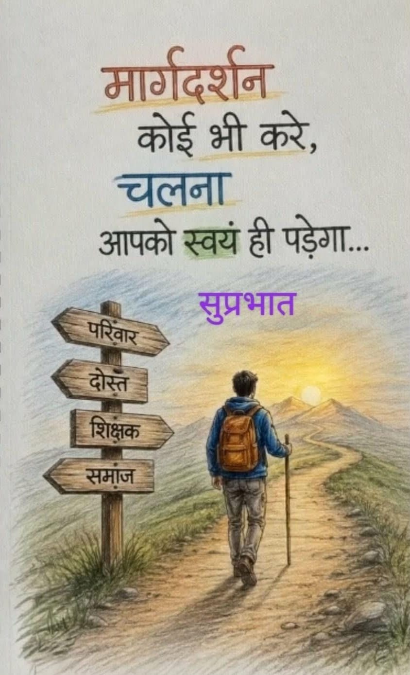 Hindi pencil-sketch card: a man walks a country road past a signpost reading family, friends, teacher, society — ‘मार्गदर्शन कोई भी करे, चलना आपको स्वयं ही पड़ेगा… सुप्रभात’.