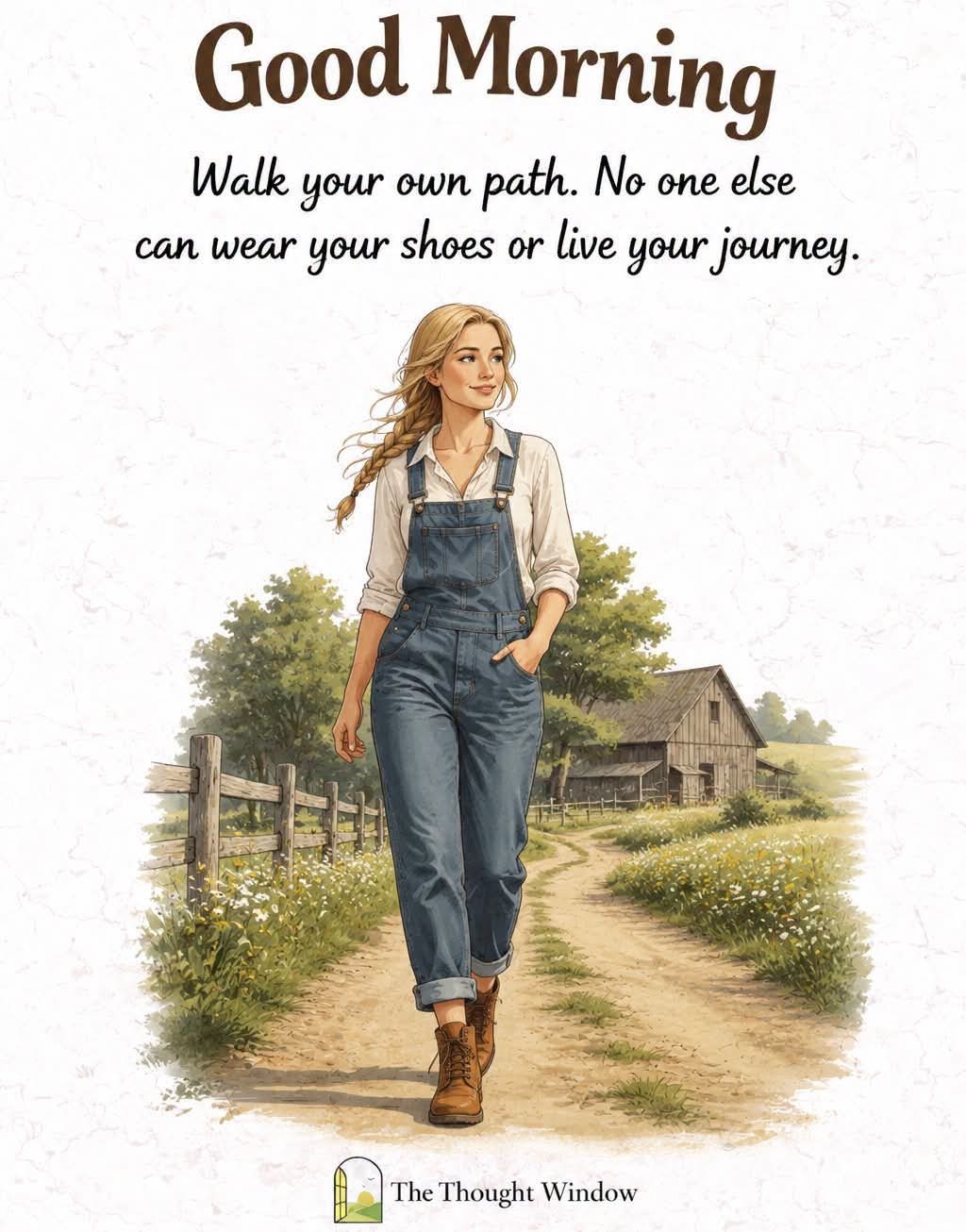 A young woman in dungarees on a farm road: ‘Good Morning — walk your own path. No one else can wear your shoes or live your journey.’