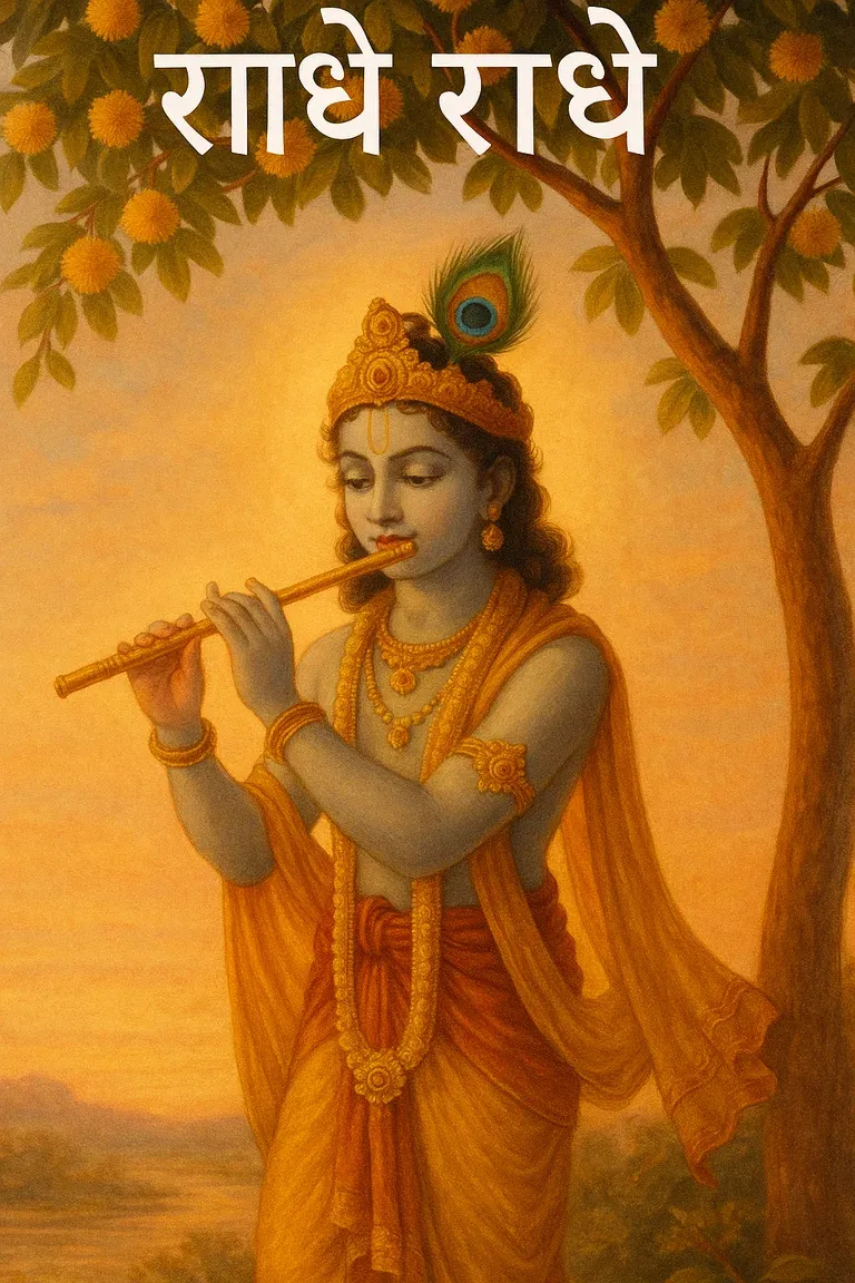 Krishna playing the flute under a kadamba tree at dawn — राधे राधे