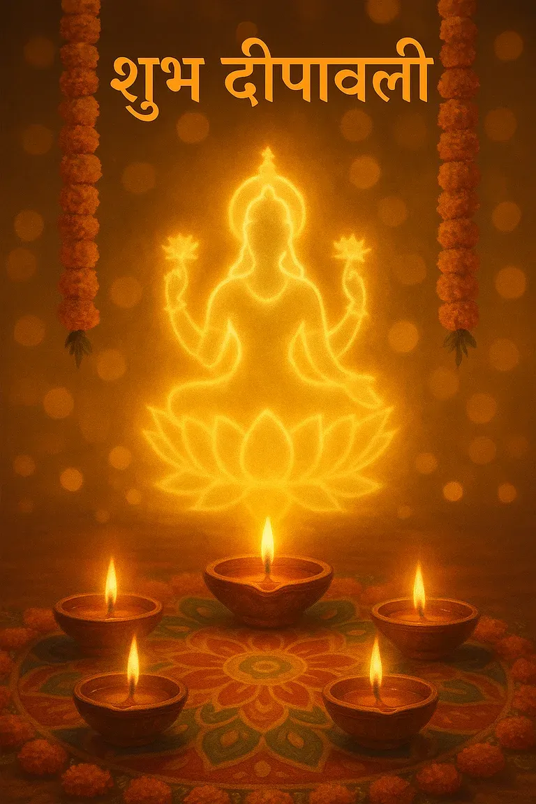 Diyas and a glowing Lakshmi motif — शुभ दीपावली