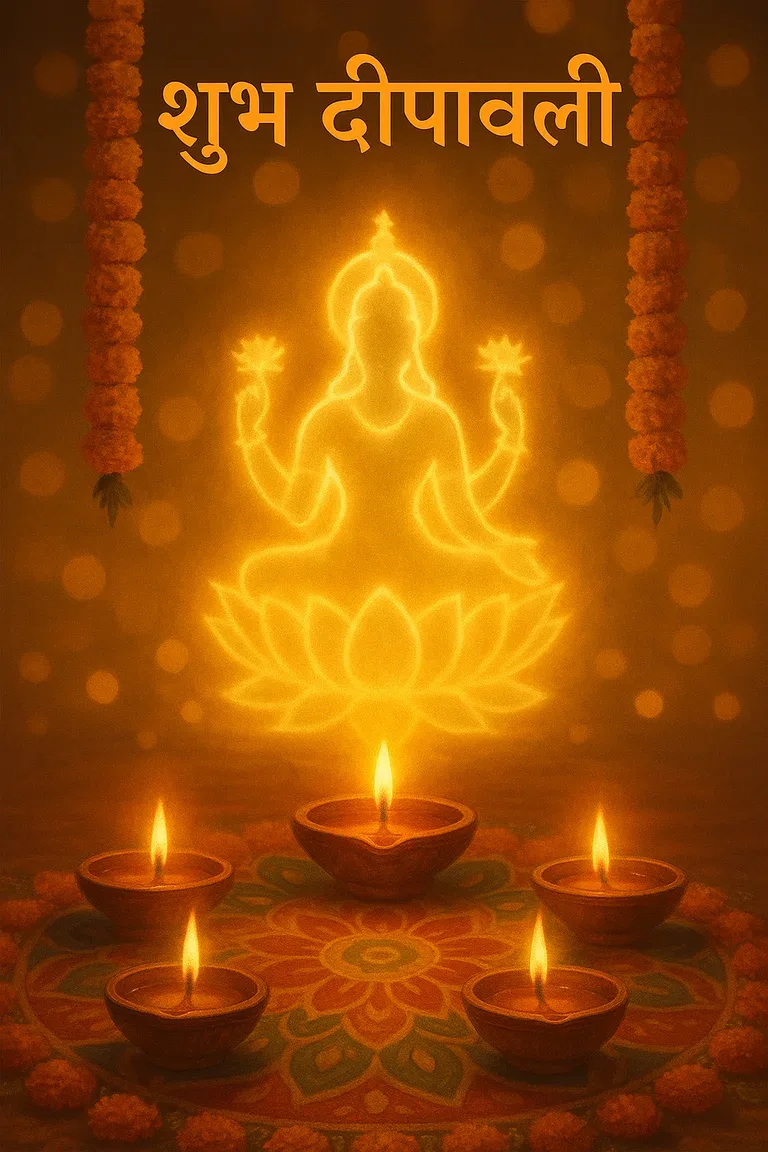 Diyas and a glowing Lakshmi motif — शुभ दीपावली