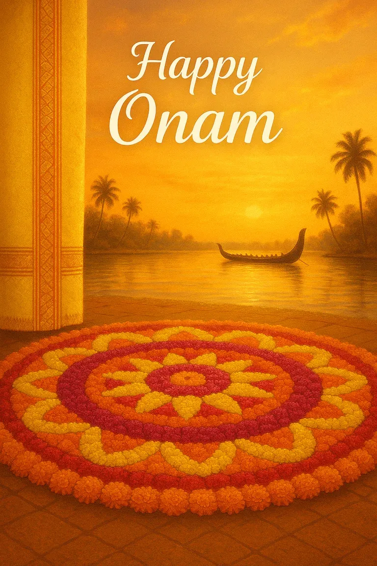 A pookkalam flower carpet by the backwaters — Happy Onam
