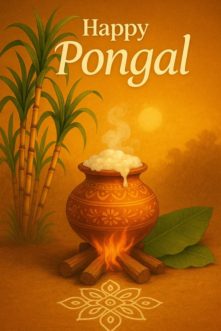 An overflowing Pongal pot with sugarcane — Happy Pongal