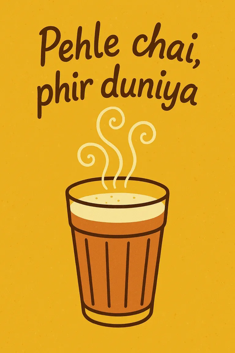 A morning chai glass beside a Hindi suvichar quote