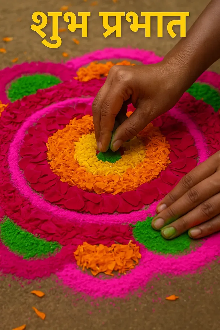Hands laying a bright rangoli — a festive morning card