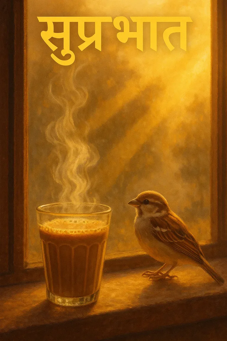 A steaming chai glass on a windowsill with a sparrow — सुप्रभात