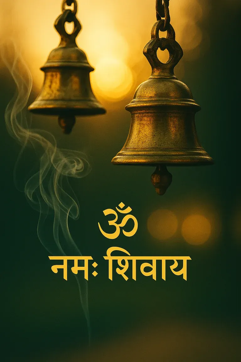 Temple bells against a sunrise sky